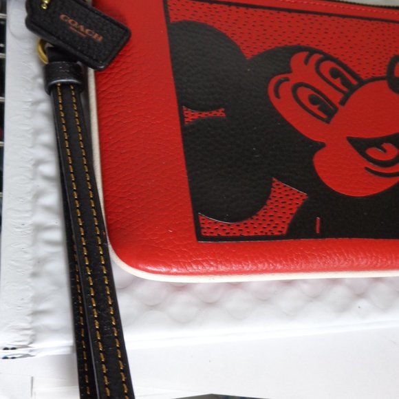 Coach Mickey Mouse Electric Red Leather Wristlet Keith Haring LTD Editio…